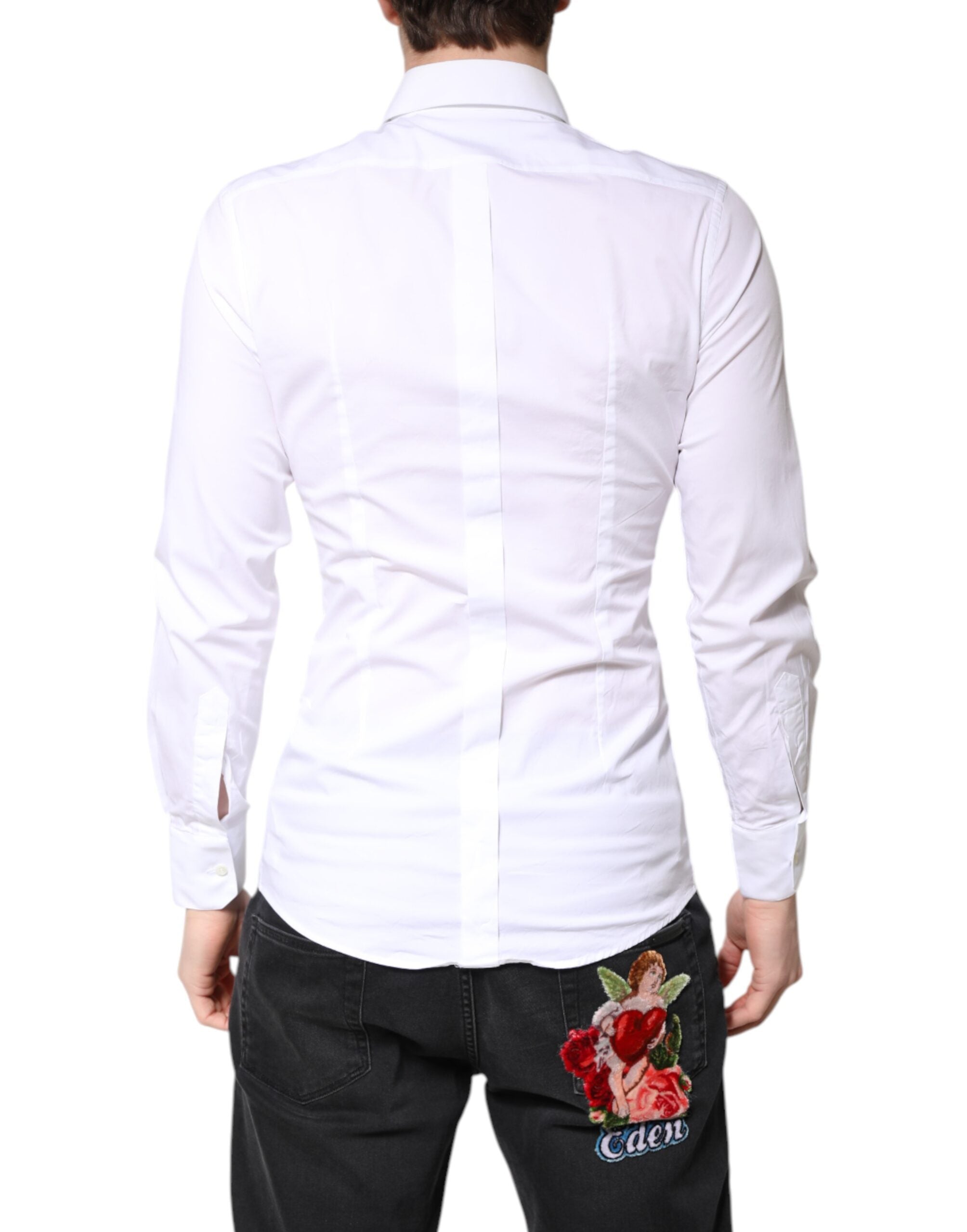 Dolce & Gabbana White Cotton Dress GOLD Formal Collar Shirt
